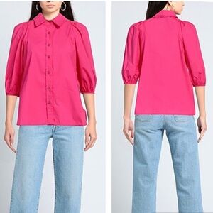 Silvian Heach Fuchsia Poplin Cotton Puff 3/4 Puff Sleeve Button‎ Front Top
